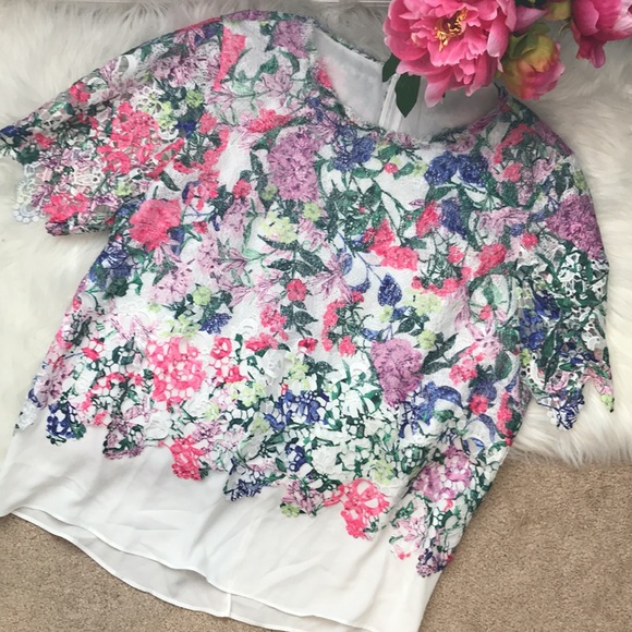 Blouse Florale Transparente Tahari - Manches 3/4, Vert, Taille M